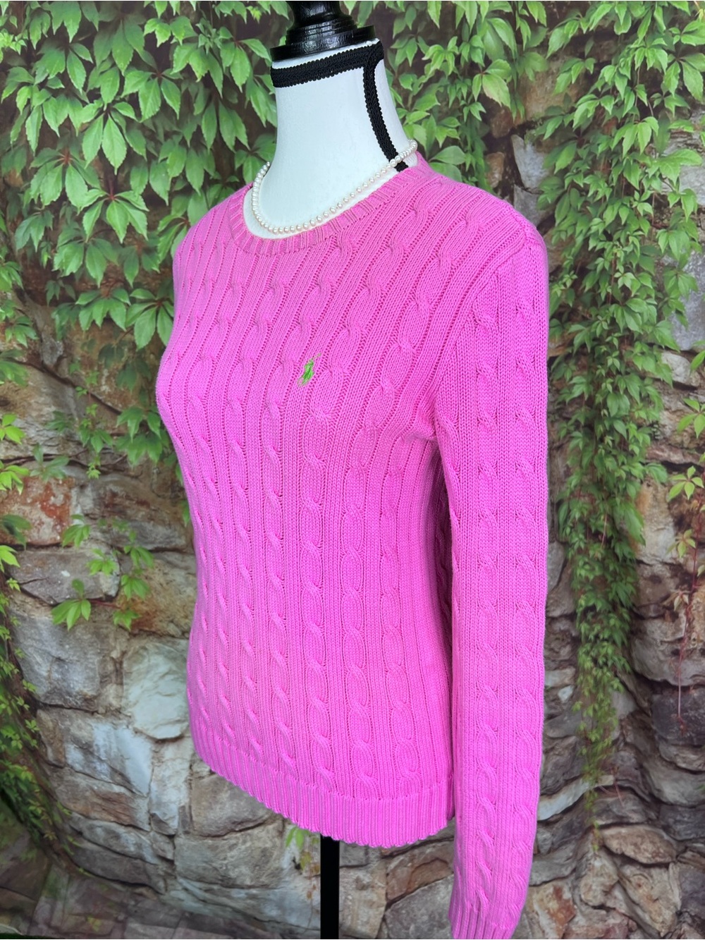VINTAGE RALPH LAUREN Luxury Pink Cabled Preppy Polo Logo Crewneck Sweater, M - Picture 4 of 11